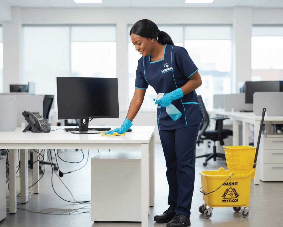 Professional cleaners at work in a modern office